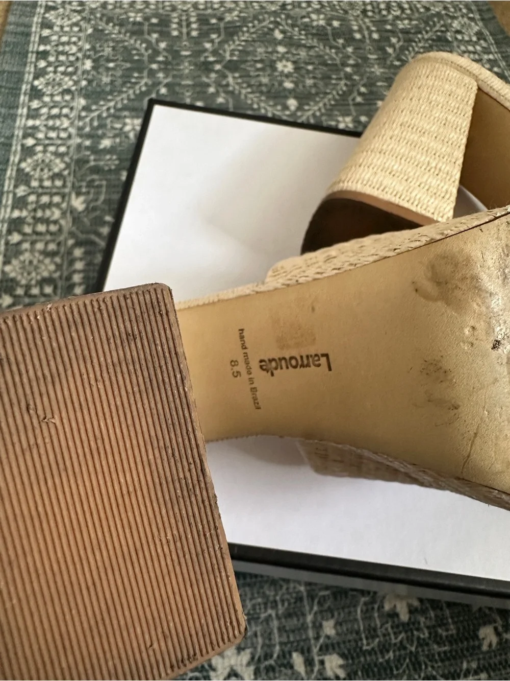 Larroude Natural Raffia Platform Block Heel Slides
